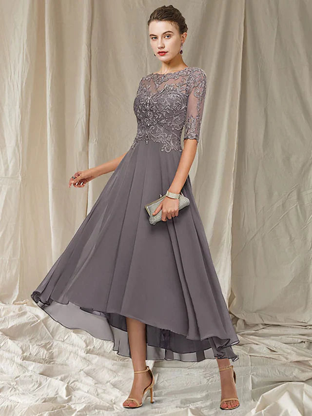 Wholesale A-Line Mother of the Bride Dress Elegant Jewel Neck Asymmetrical Ankle Length Chiffon Lace Half Sleeve with Pleats Appliques